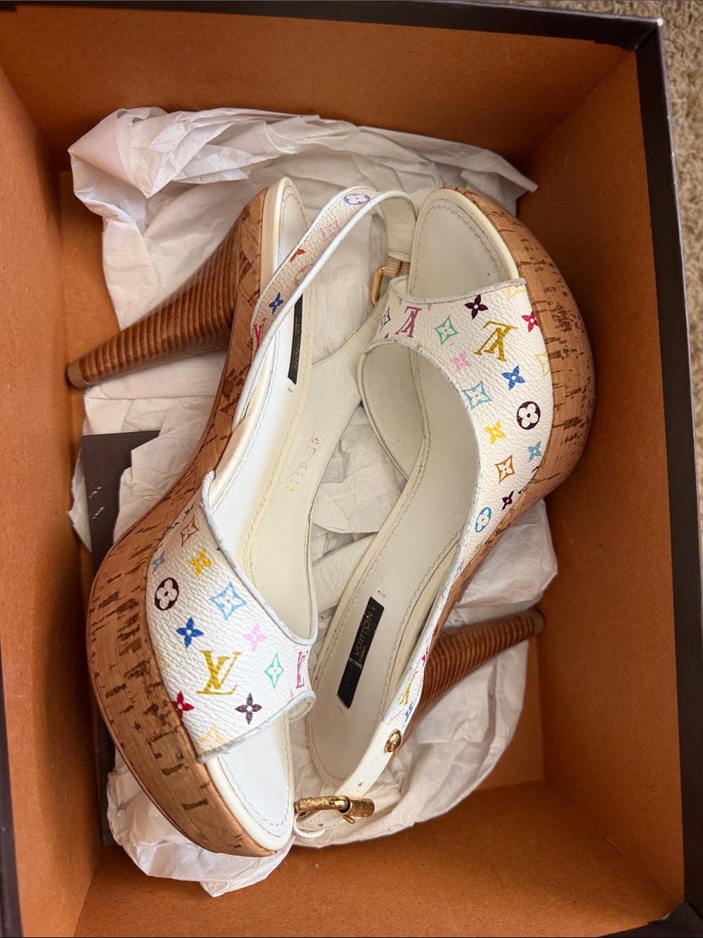 NWT Louis Vuitton White Multicolor Monogram Cork Platform Slingback Heels
